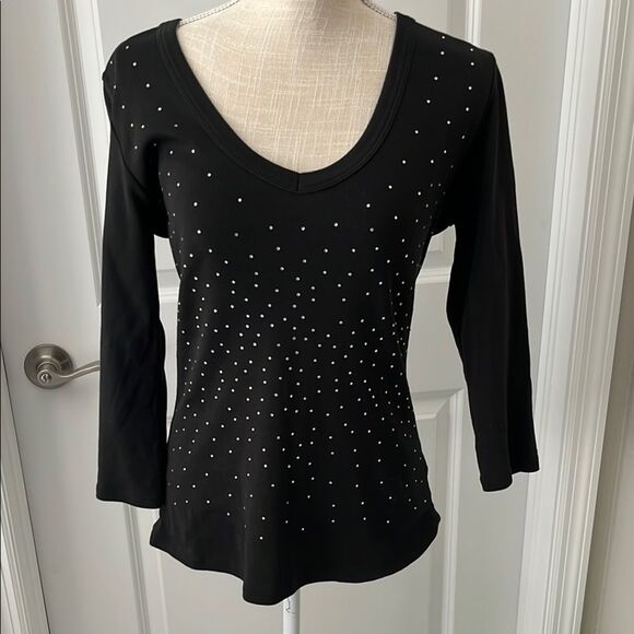 Boston Proper Pima Cotton Black 3/4 Sleeve Lo Embellished Blouse - Picture 1 of 7